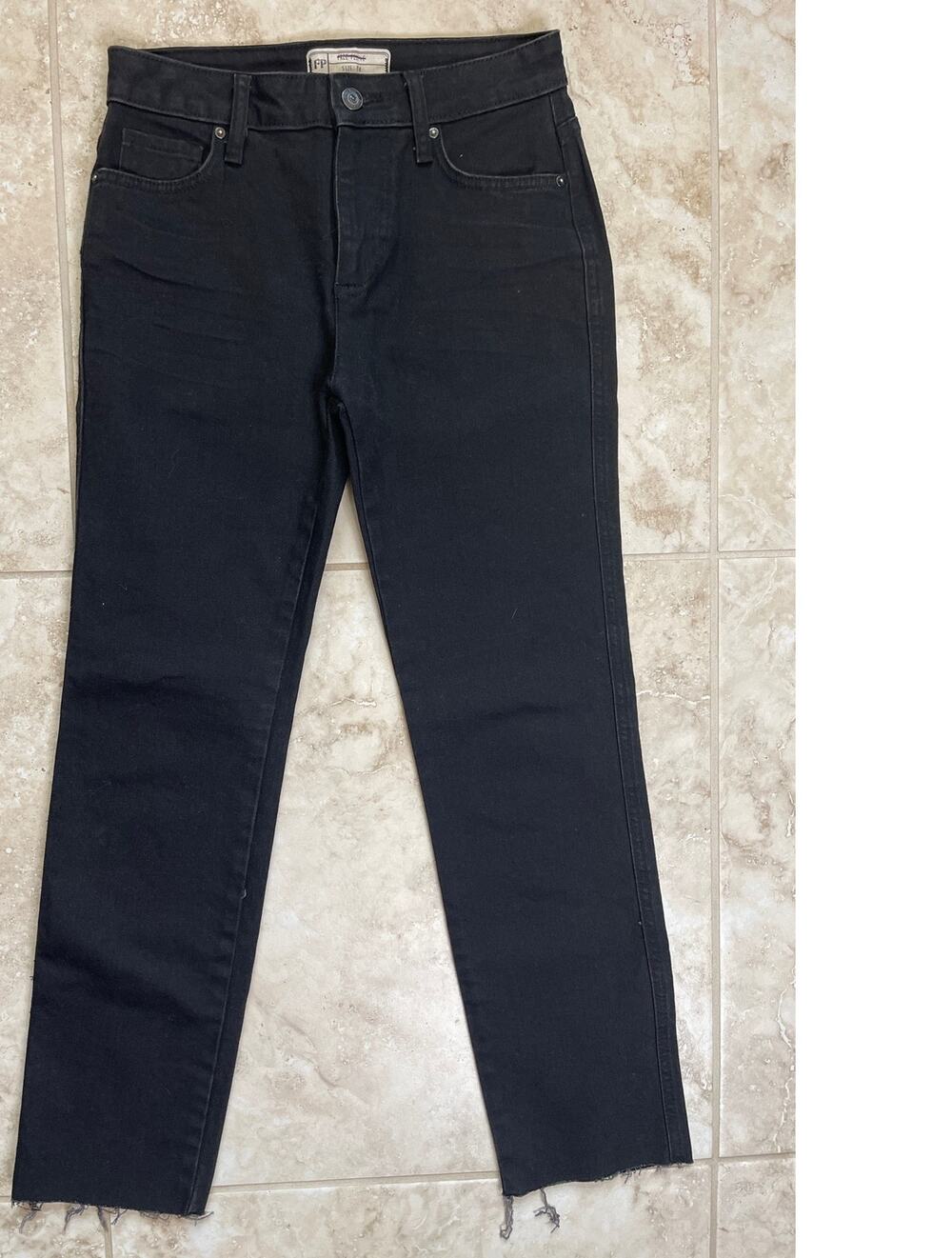 Free People black size 24 jeans denim straight crop raw hem small NWOT high rise
